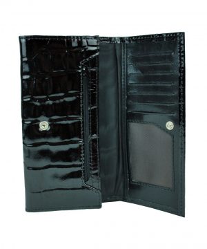 Umelecká lakovaná kožená peňaženka č.7757 so vzorom hadiny v čiernej farbe vyrobená z pravej prírodnej kože dovážanej z Talianska