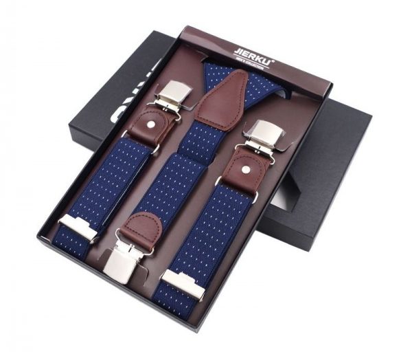 Pánske kožené traky s elastickým pásom, 3 klipy, modrá farba s bielymi bodkami