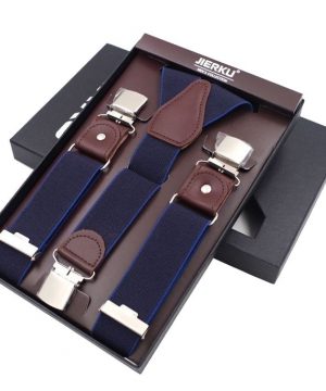 Pánske kožené traky s elastickým pásom, 3 klipy, modrá farba s modrým lemovaním