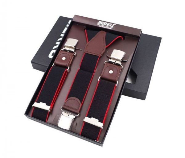 Pánske kožené traky s elastickým pásom, 3 klipy, čierna farba s červeným lemovaním. Traky sú jedinečným doplnkom pre každého muža