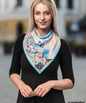 Hodvábna šatka JARNÁ ZÁHRADA – MODRÁ, 90 x 90cm, Vyrobené na Slovensku – Obrázok 5