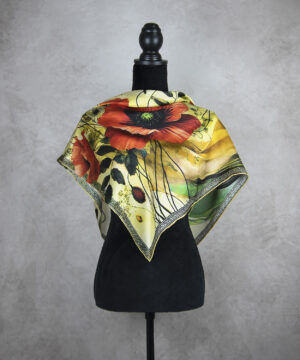 Exkuzívna hodvábna šatka MAK VLČÍ - ZELENÝ, 90 x 90cm, Vyrobené na Slovensku