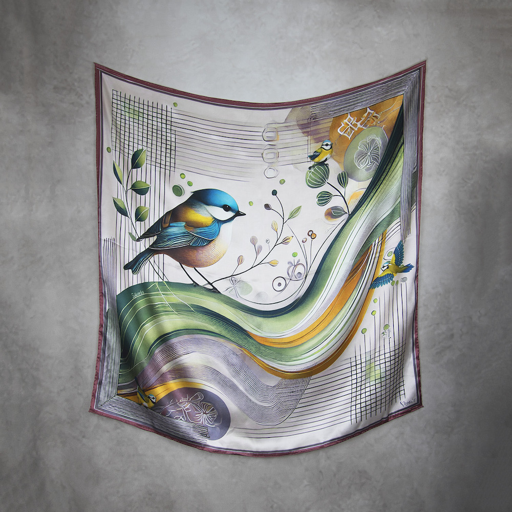 Exkuzívna hodvábna šatka SÝKORKA - PURPUROVÁ, 90 x 90cm, Vyrobené na Slovensku – Obrázok 2