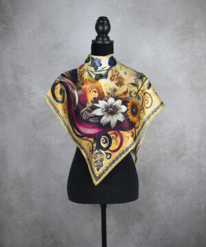 Exkuzívna hodvábna šatka LÚČNE KVETY - ZLATÉ, 90 x 90cm, Vyrobené na Slovensku