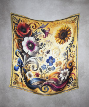 Alternative view of Exkuzívna hodvábna šatka LÚČNE KVETY - ZLATÉ, 90 x 90cm, Vyrobené na Slovensku