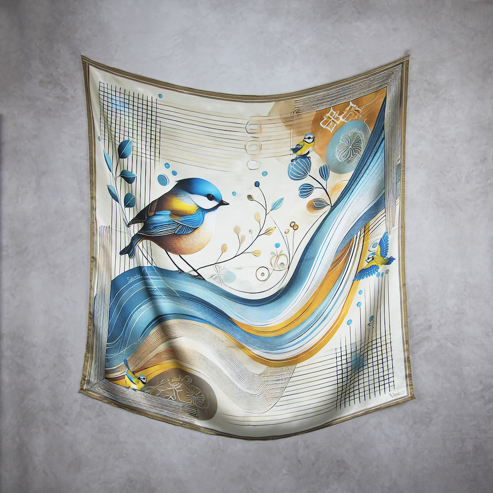Exkuzívna hodvábna šatka SÝKORKA - KRÉMOVÁ, 90 x 90cm, Vyrobené na Slovensku – Obrázok 2