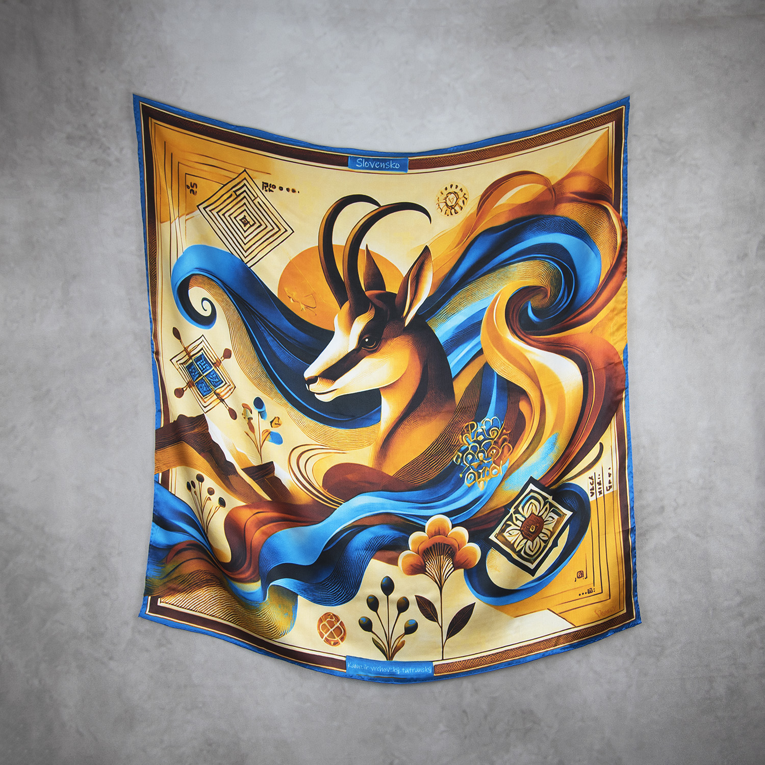 Exkuzívna hodvábna šatka KAMZÍK - MODRÝ, 90 x 90cm, Vyrobené na Slovensku – Obrázok 2
