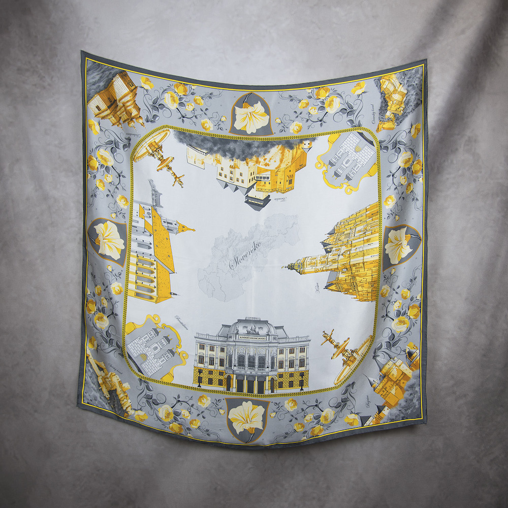 Exkluzívna hodvábna šatka SLOVENSKO - ZLATÁ, 90 x 90cm, Vyrobené na Slovensku – Obrázok 2