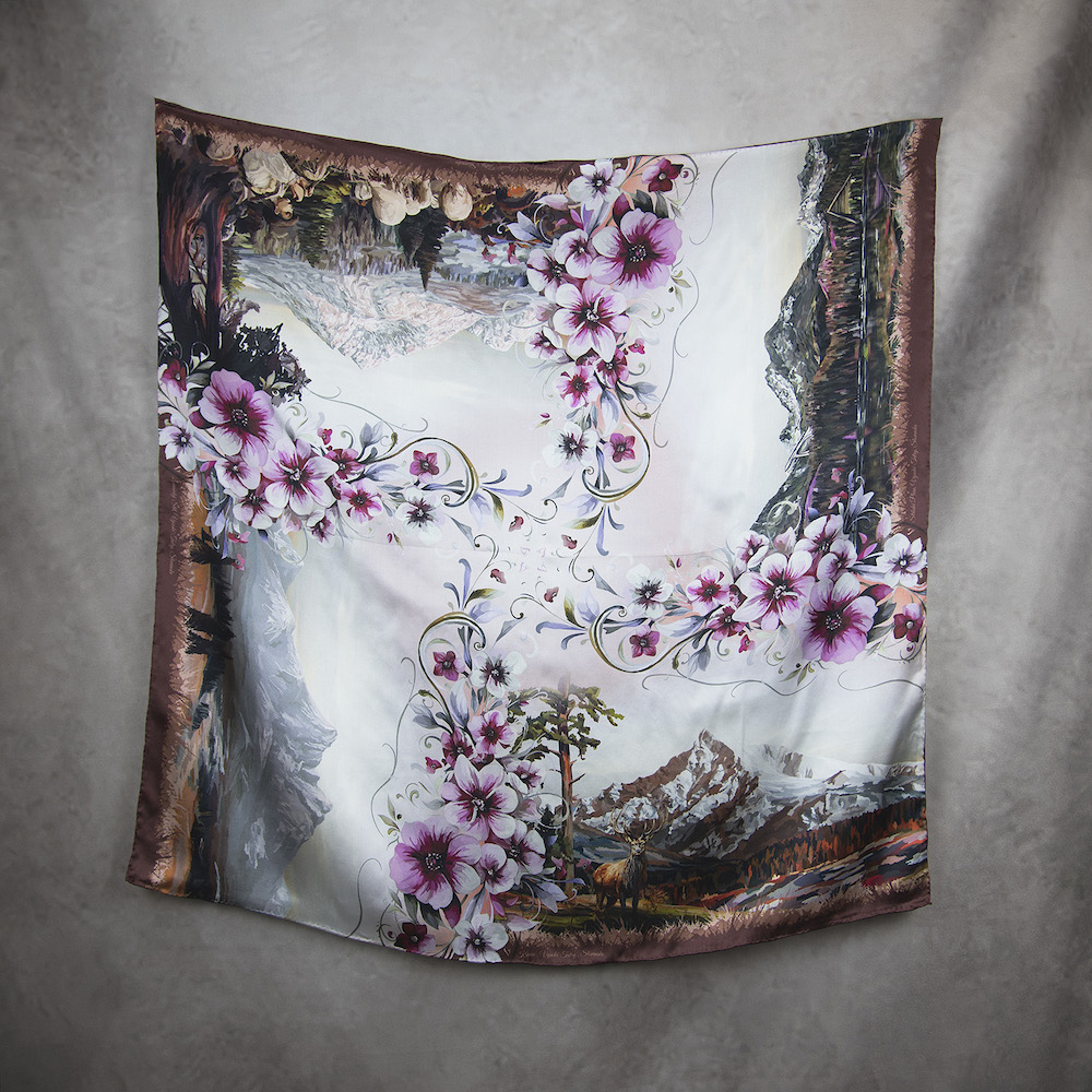 Exkluzívna hodvábna šatka VYSOKÉ TATRY - RUŽOVÉ, 90 x 90cm, Vyrobené na Slovensku – Obrázok 2