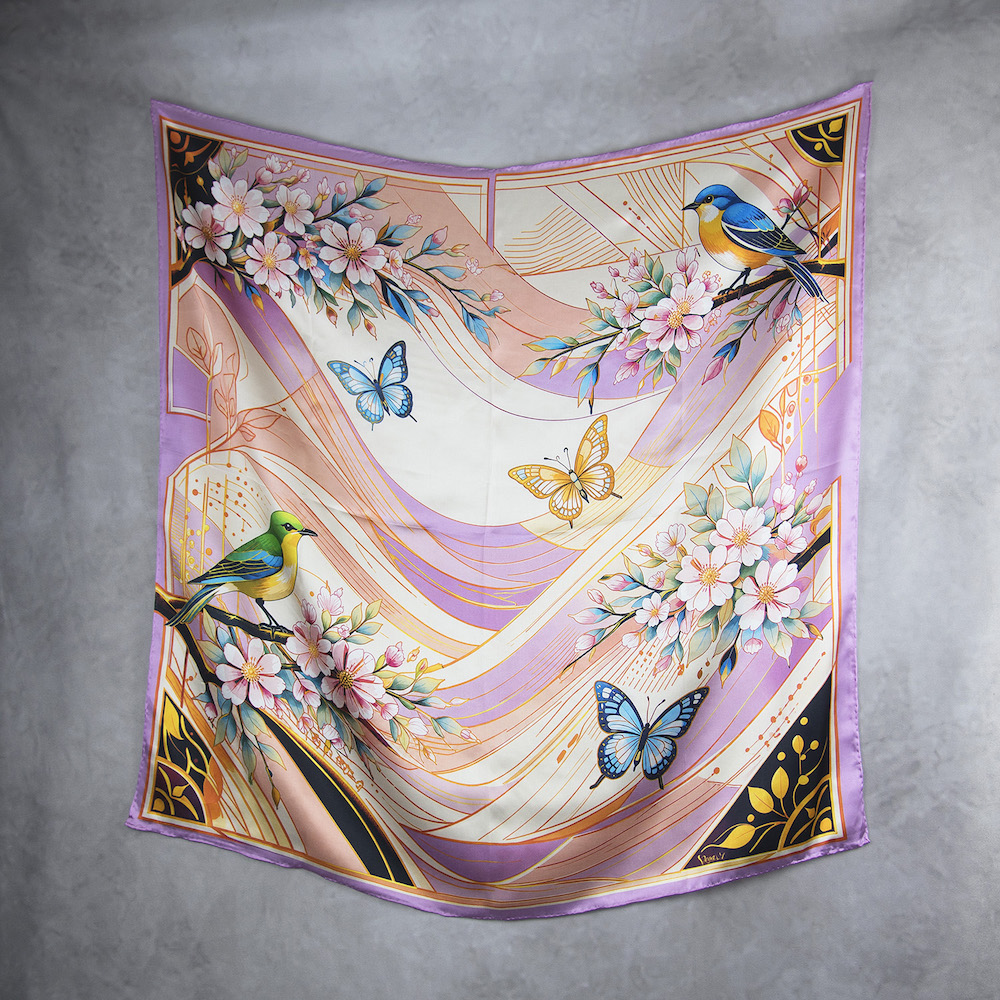 Hodvábna šatka JARNÁ ZÁHRADA – RUŽOVÁ, 90 x 90cm, Vyrobené na Slovensku – Obrázok 2