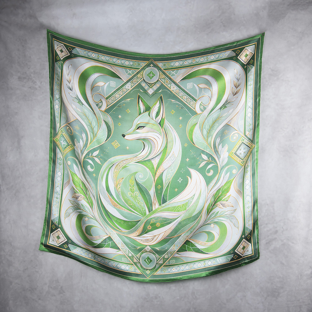 Hodvábna šatka LÍŠKA – ZELENÁ, 90 x 90cm, Vyrobené na Slovensku – Obrázok 2