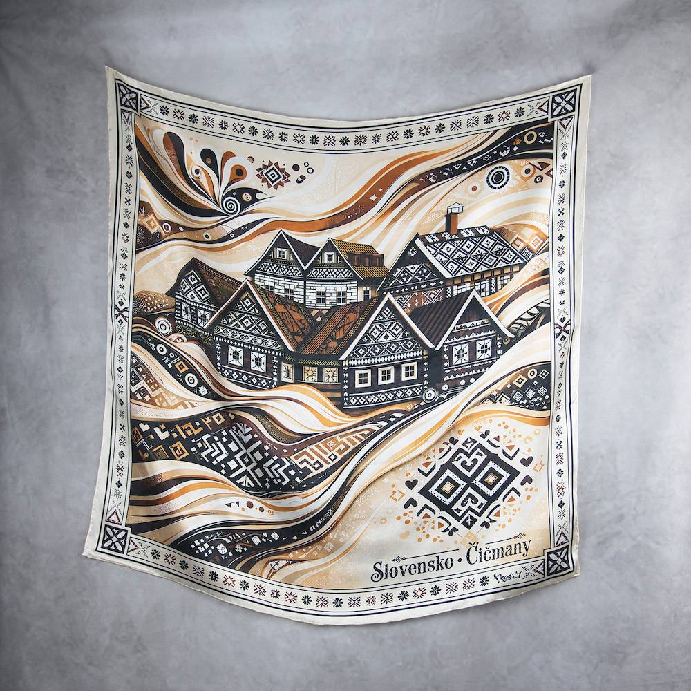 Hodvábna šatka ČIČMANY - SLOVENSKO, 90 x 90cm, Vyrobené na Slovensku – Obrázok 2