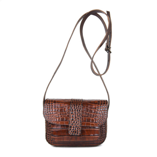 Malá kabelka crossbody z hovädzej kože s dezénom krokodíla v hnedej farbe - Image 7