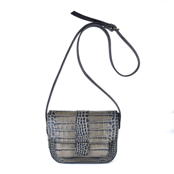 Malá kabelka crossbody z hovädzej kože s dezénom krokodíla v šedej farbe - Image 9