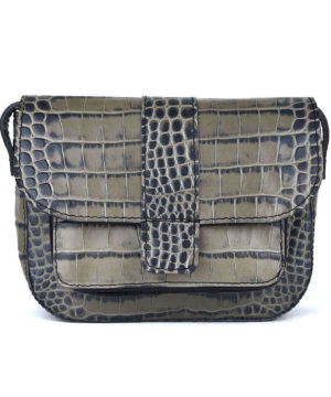 Malá kabelka crossbody z hovädzej kože s dezénom krokodíla v šedej farbe