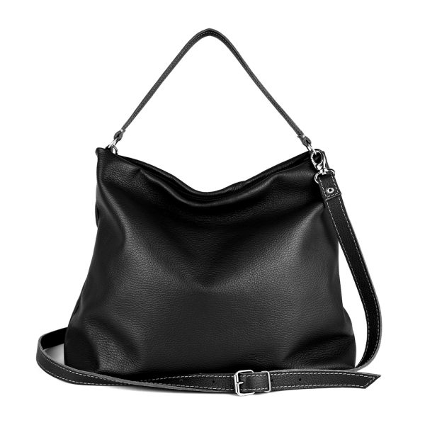 Dámska vrecovitá kožená kabelka v čiernej farbe